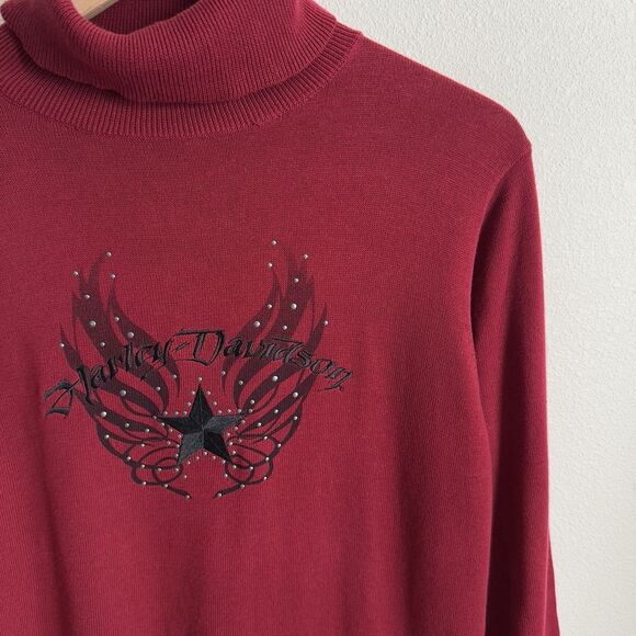 Y2K Harley Davidson Sweater Womens Large Red Embroidered Wings Studded Biker - Picture 5 of 16